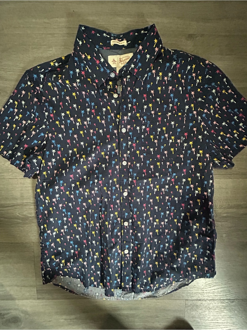 Original Penguin Navy Short-Sleeve Button-Down with Multicolor Palm Print